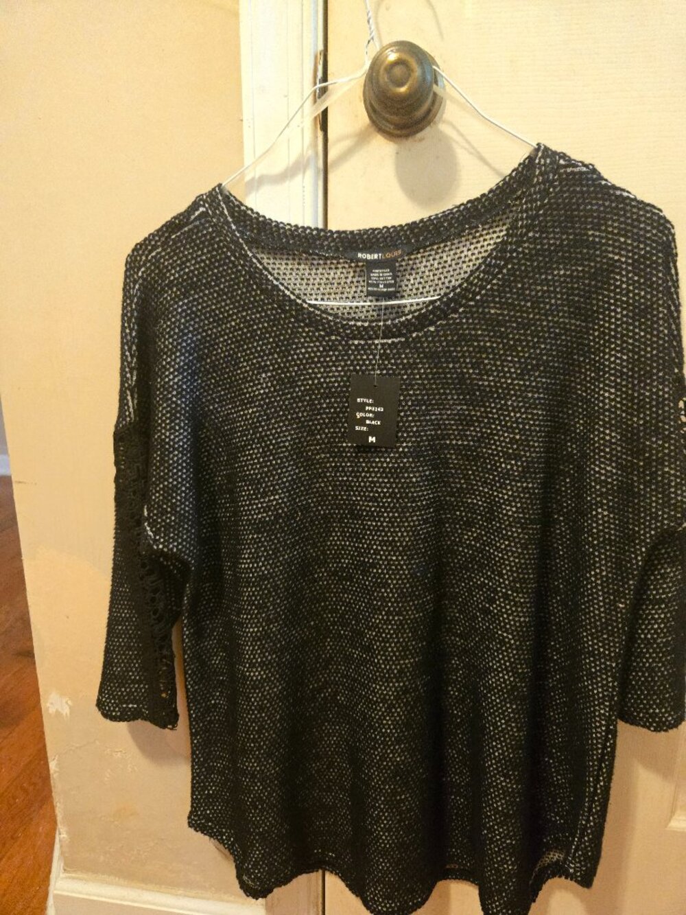 Robert Louis M black waffle knit top with black accents on sleeves